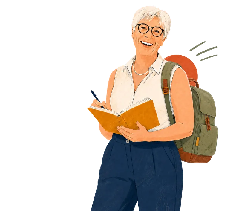 Illustration de Véro, carnet de voyage et stylo à la main